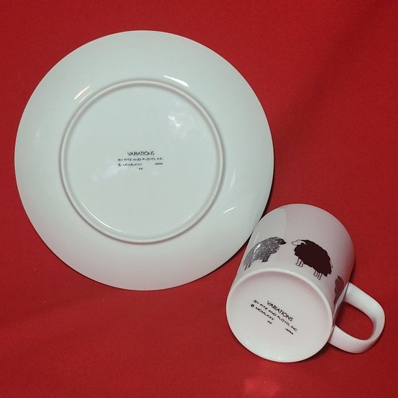 Fitz and Floyd Variations Black & White Sheep Design Cup & Saucer Set of 4 - Picture 8 of 13